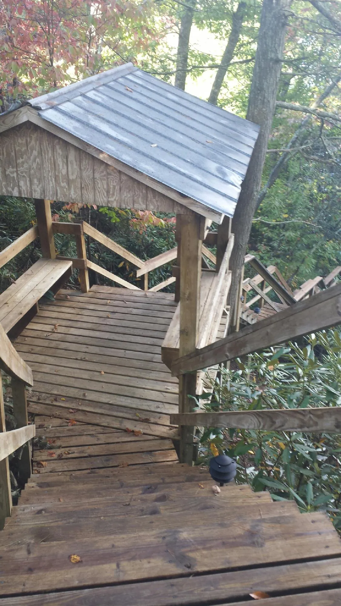 Metal roofed shelter over wooden steps on a wooded walkway — Skylight Repair & Installation work by our crew in Warden